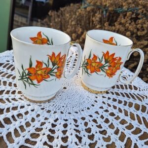 Floral Orange and Gold Trimmed Tea Cups